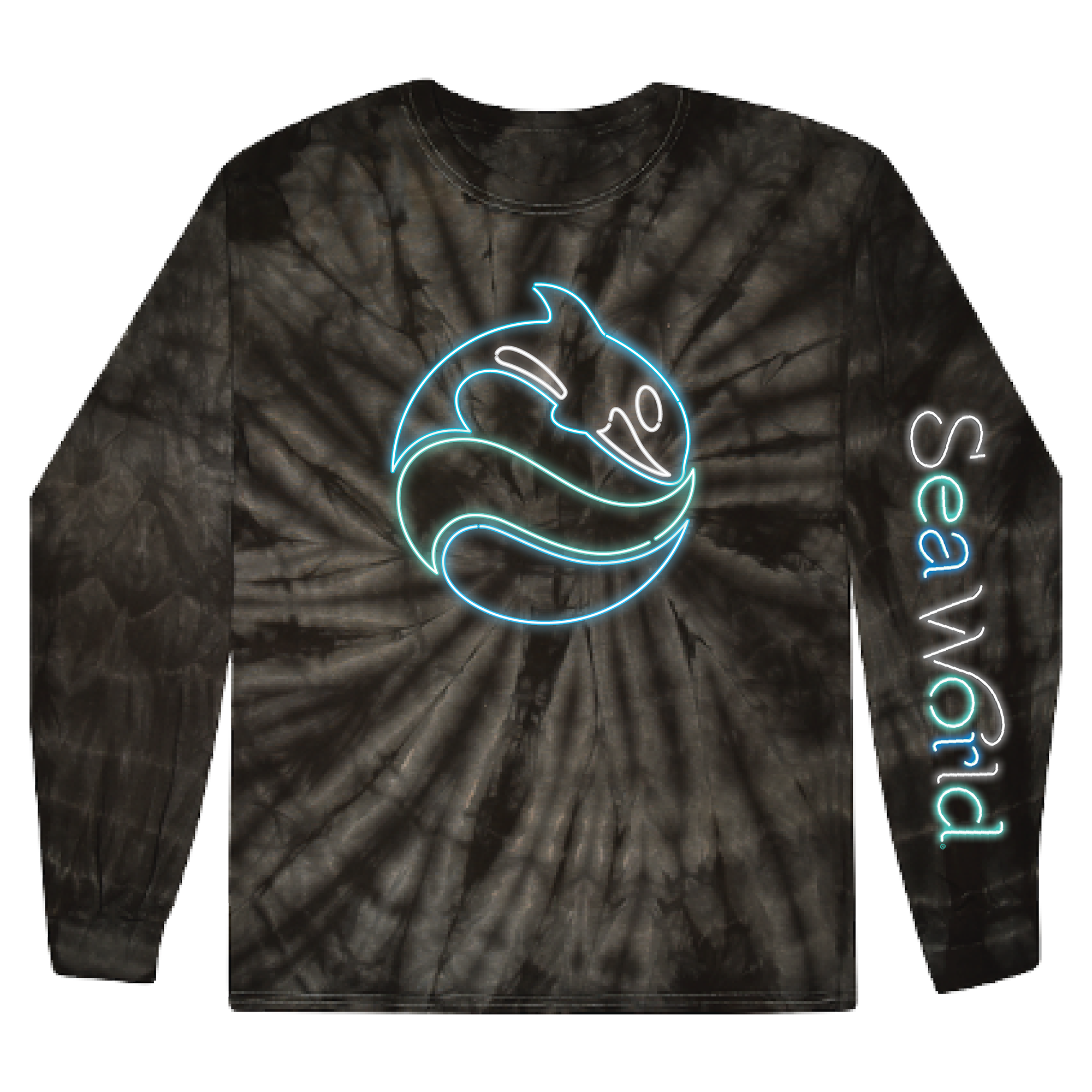 SeaWorld Neon Sign Black Tie-Dye Long Sleeve Tee Adult - SeaWorld